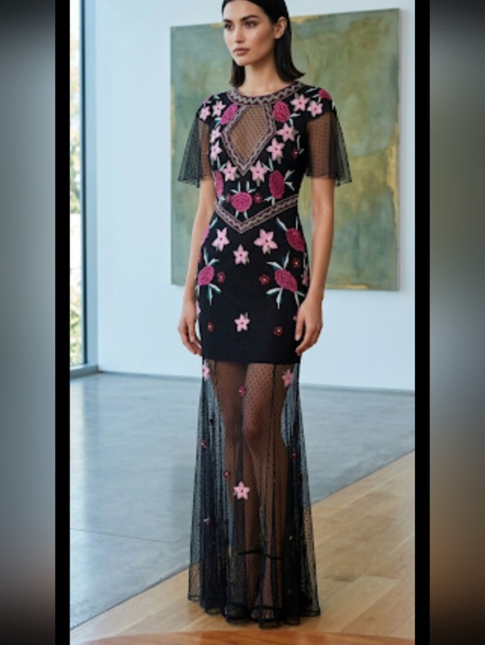 Black Mesh Maxi Dress with Pink Floral Embroidery